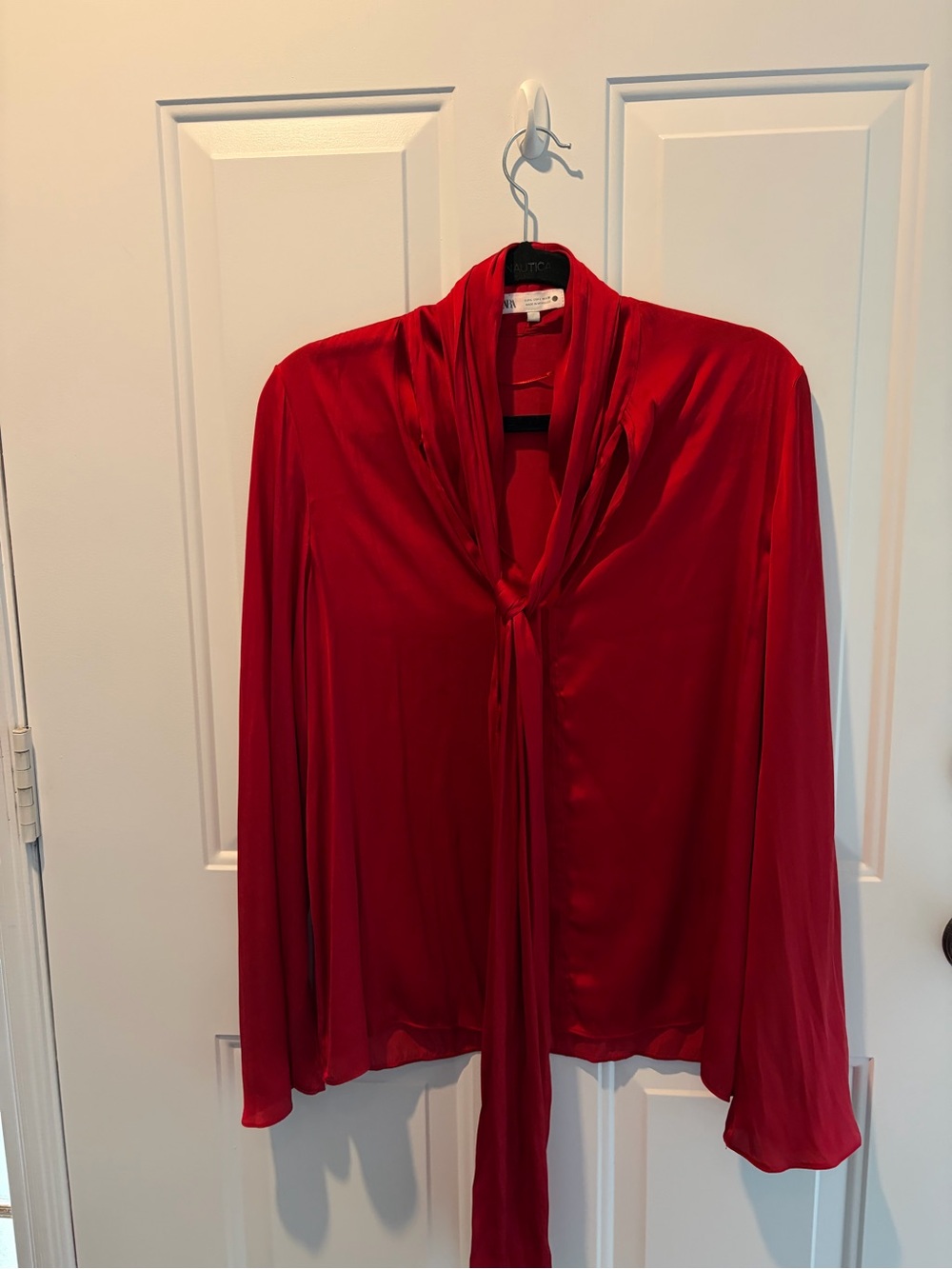 NWOT Zara Red Satin Style Tie-Neck, Bell Sleeve Blouse